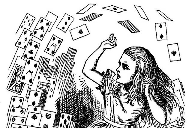 Ilustração a preto e branco com cartas a voar e a personagem da Alice no País das Maravilhas da autoria de Sir Jonh Tenniel do livro Alice no País das Maravilhas, cujo autor é Lewis Carrol